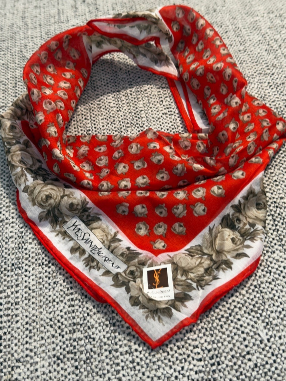 Yves Saint Laurent Red Floral Border Cotton Scarf Handkerchief bandana